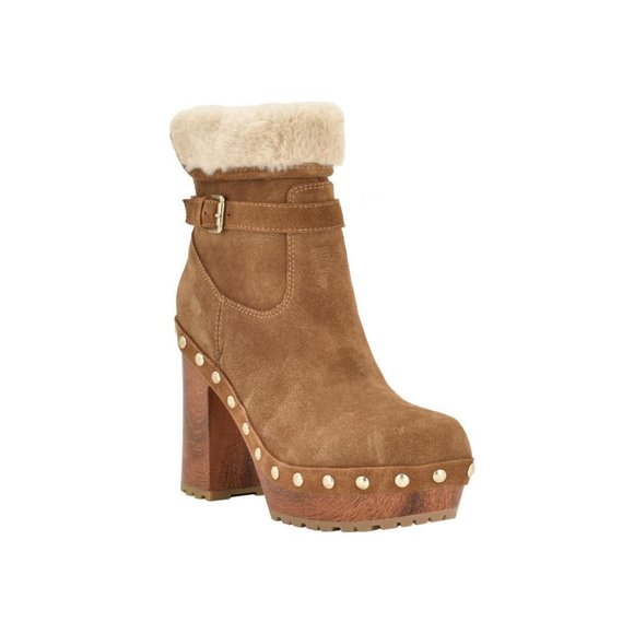 Guess Damina Suede Faux Fur Lined Studded Platform Wood Clog Booties - Picture 1 of 3